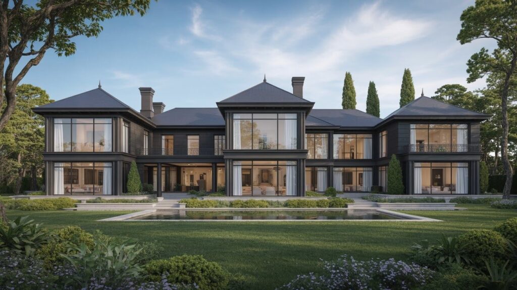 Statement-Making Black Mansion with White Panoramic Windows