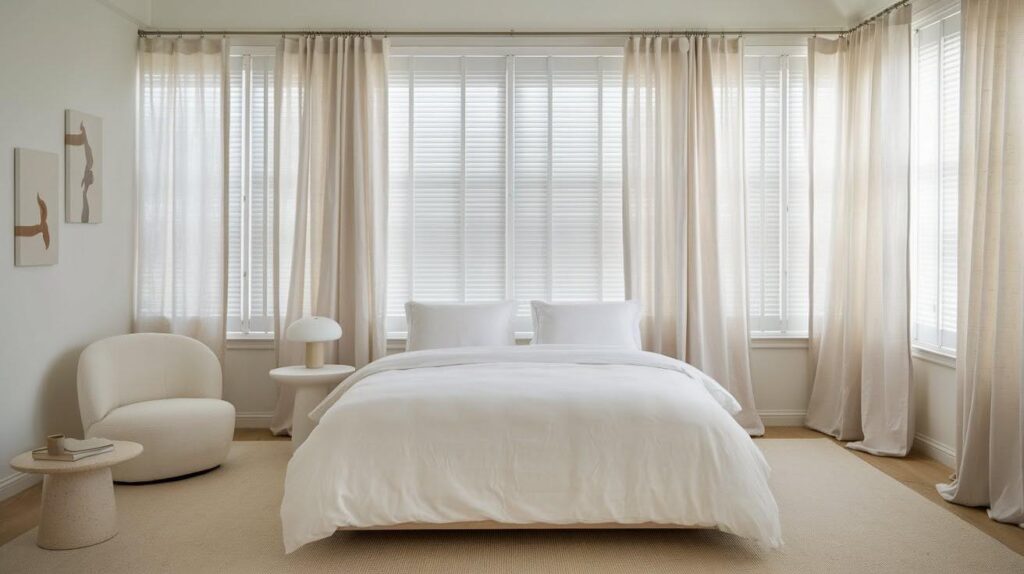 White Blinds + Linen Curtains