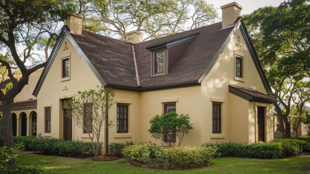 Beige House With Dark Brown Roof