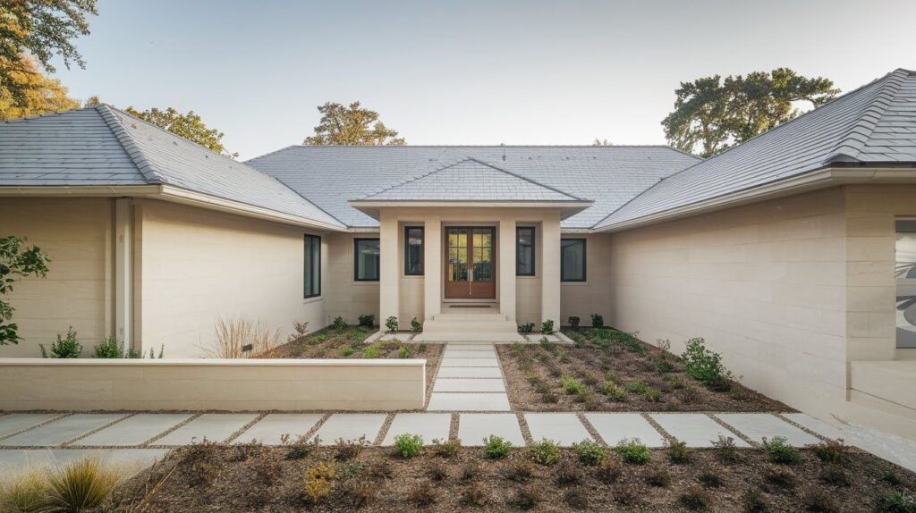 Beige House With Light Gray Slate Roof