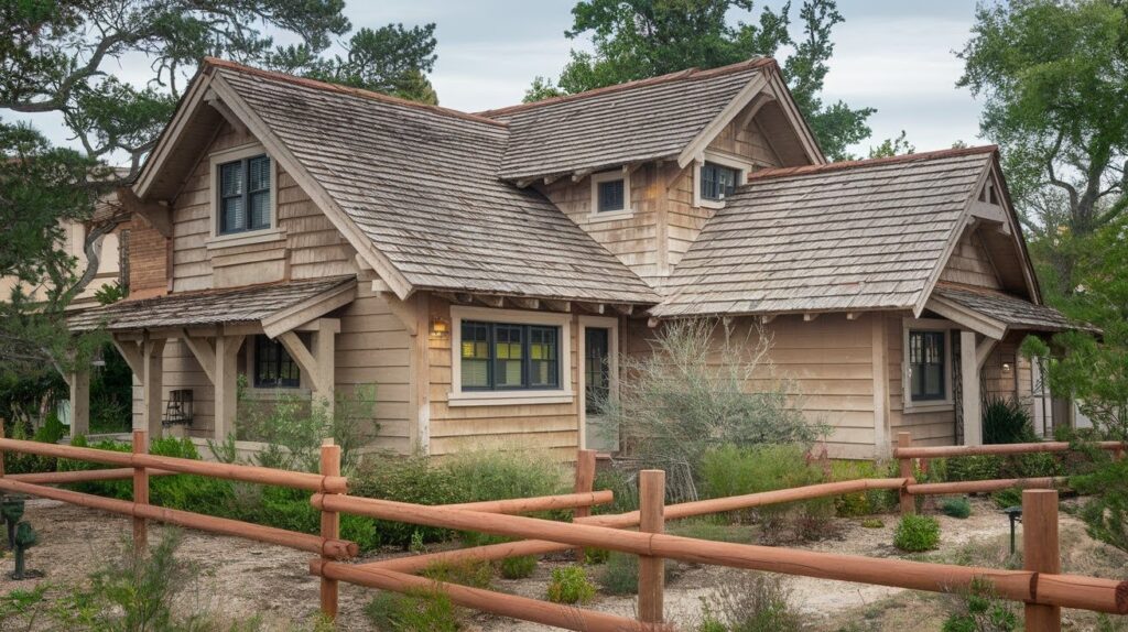 Beige House With Weathered Wood or Cedar Shake Roof