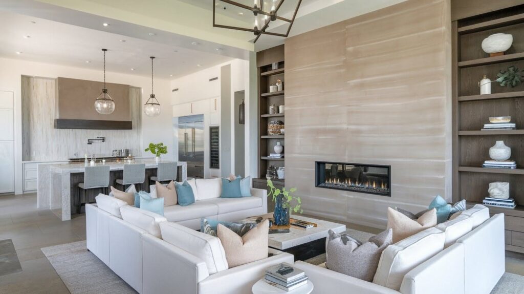 Venetian Plaster Fireplace in Open-Concept 
