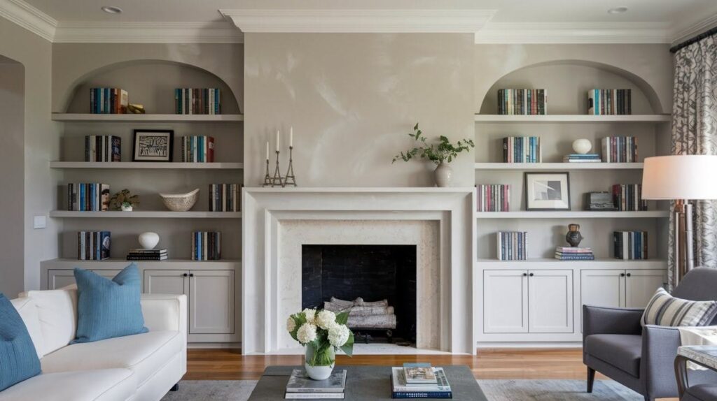 Venetian Plaster Fireplace with Built-In Shelving