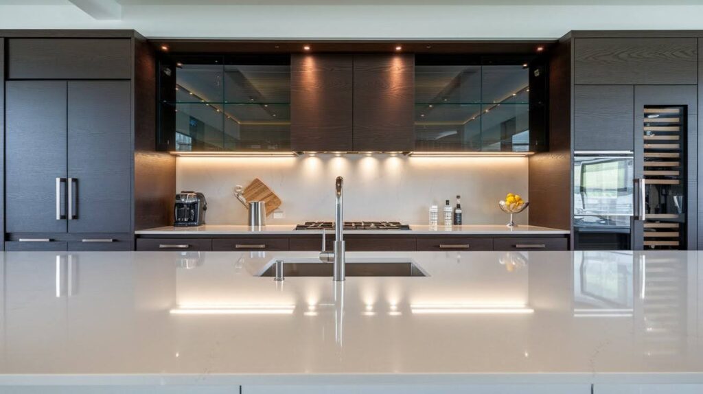 Dark Walnut Flat-Front Cabinets with Glossy White Counters