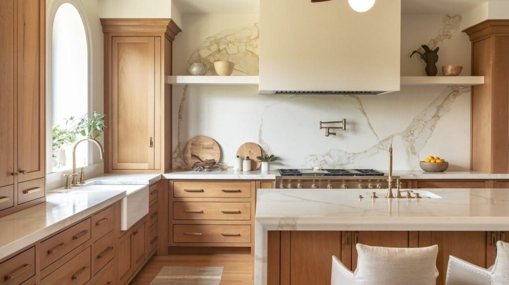 Honey-Toned Alder Cabinets with White Marble