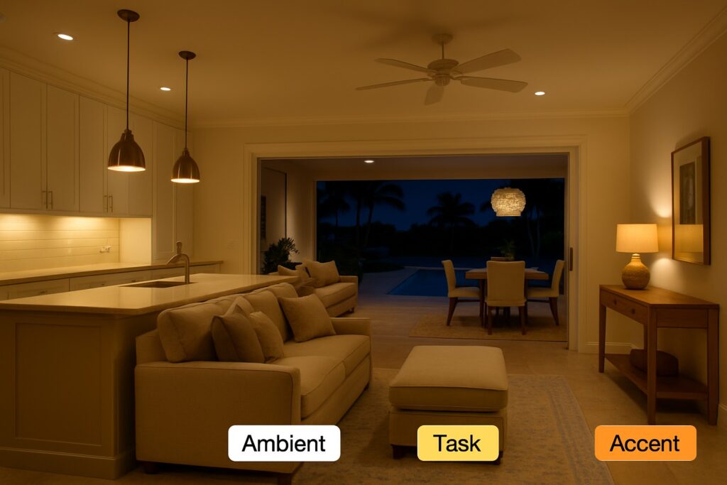 Layered Lighting With Coastal Comfort