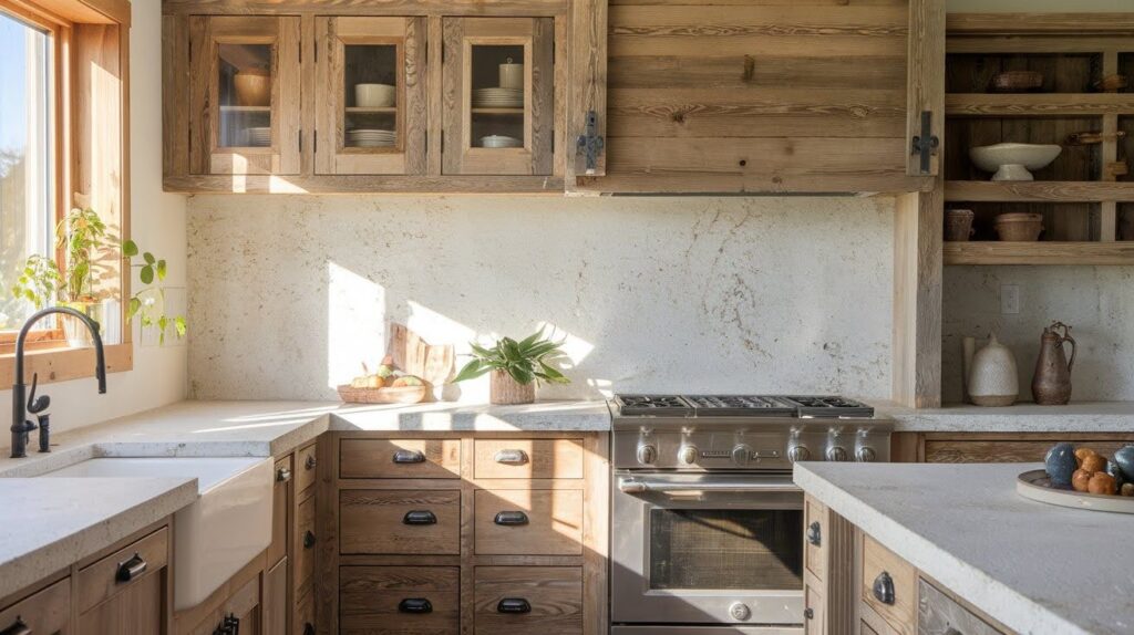 Reclaimed Wood Cabinets with Textured White Stone