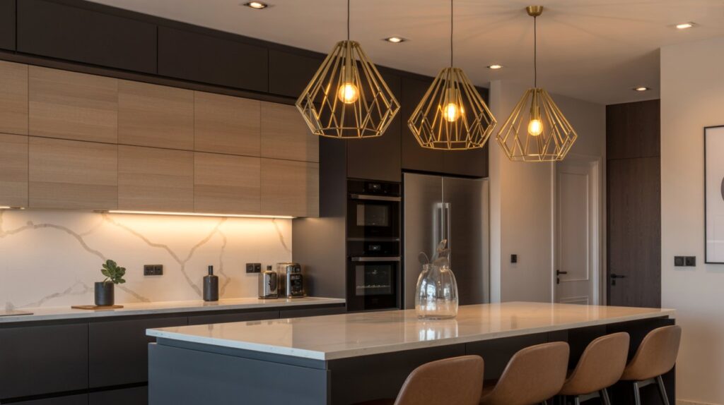 Install Gold Pendant Lights Over Work Areas