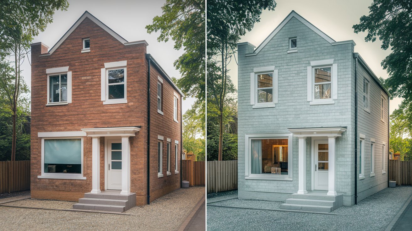 Brown Brick Exterior to Gray-Toned Limewash Finish