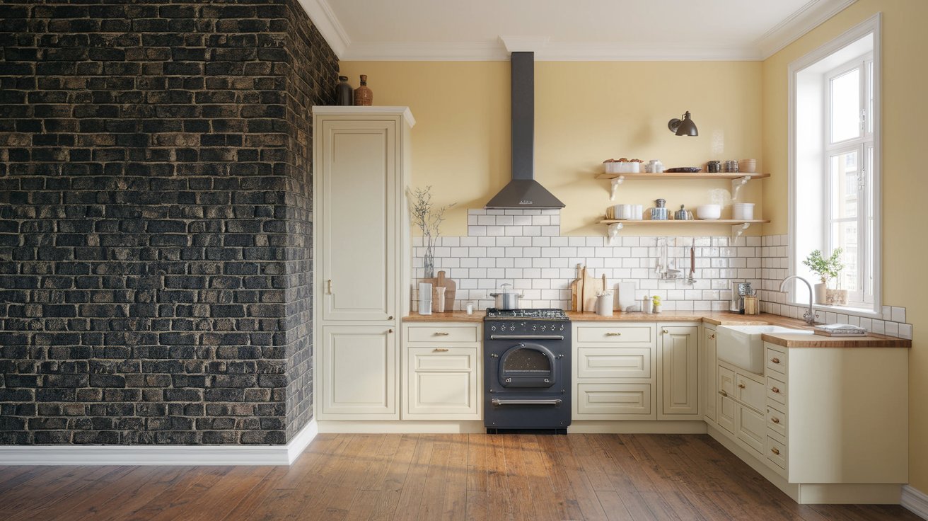 Outdated Brick Kitchen Wall to Soft Cream Limewash