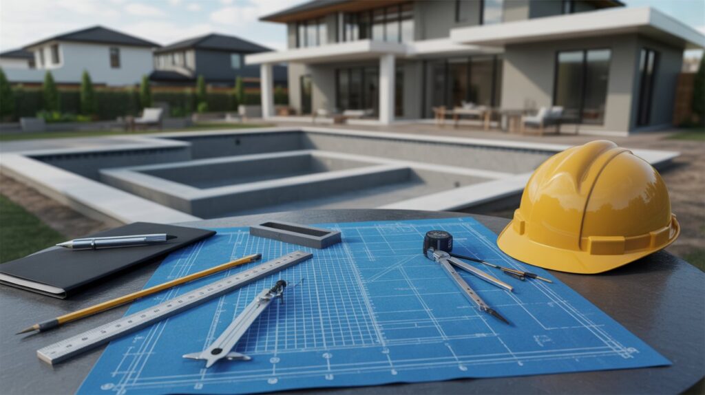 How to Choose A Custom Pool Builder: 12 Questions to Ask Before Design Starts A hard hat and construction tools are placed beside a pool table, blending work and leisure in one image.
