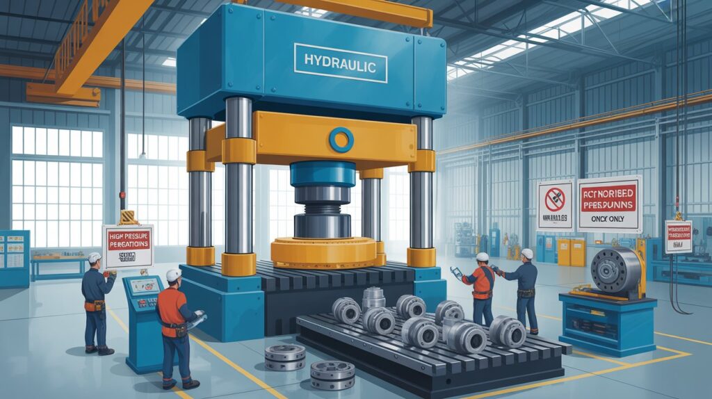Integrating High-Capacity Hydraulic Presses into Industrial Workshop Operations A large factory machine with several workers operating around it, engaged in various tasks.