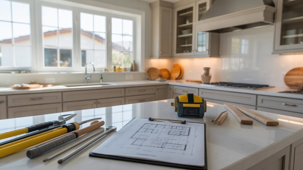 A kitchen counter displaying various tools and a detailed blueprint for a cooking project.