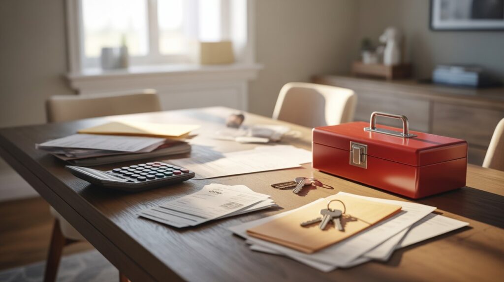 . A desk featuring a red box, keys, and various other items arranged neatly on its surface.