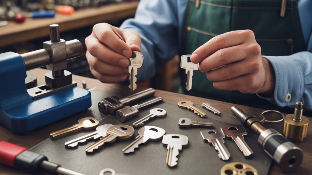 Person in an apron examines two metallic keys at a workbench with various key-making tools, conveying a sense of precision and craftsmanship.
