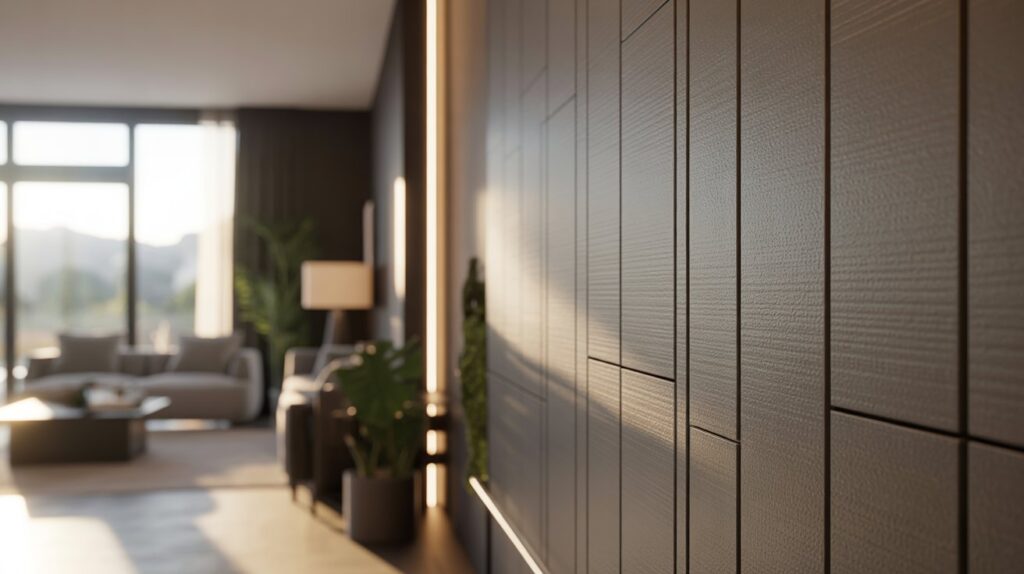 Sunlit modern living room with close-up of textured wooden wall on the right. Background shows a sofa, plants, and large windows emitting warm light.