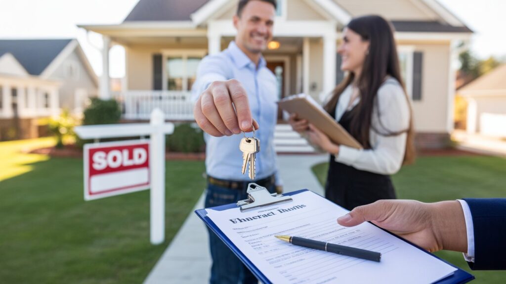 A happy man and a woman stand in front of a house with a "Sold" sign. The man holds keys, reflecting excitement. A clipboard with a contract is in the foreground.