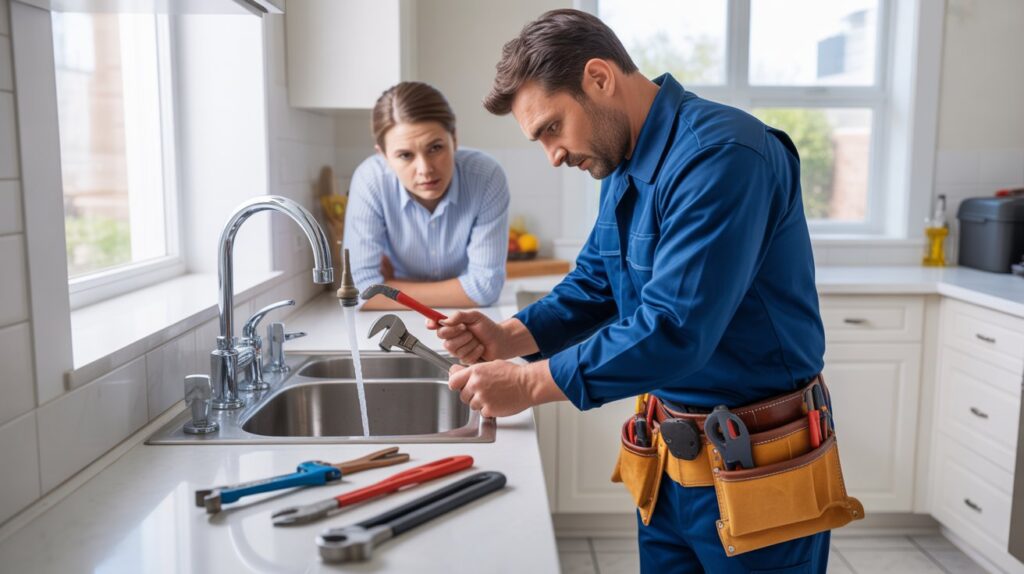 A man and woman collaboratively repairing a kitchen sink, focused on their task with tools and plumbing parts nearby.