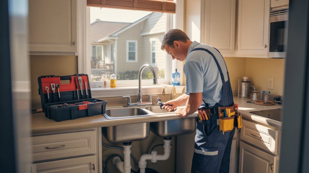 A plumber in work attire repairs a kitchen sink in a bright, sunlit space. A toolbox rests on the counter. The setting conveys focus and professionalism.