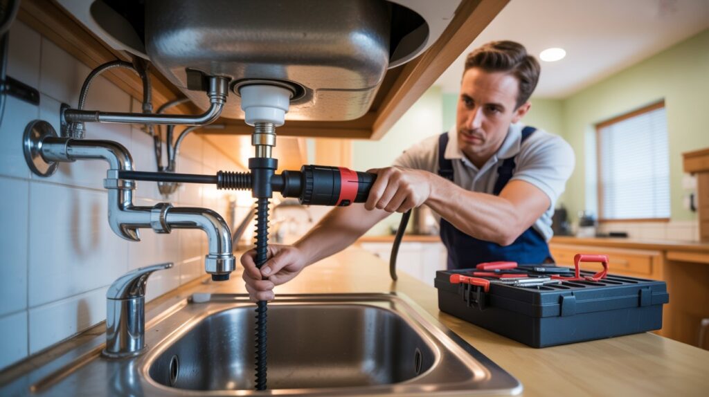 A plumber in a kitchen using a red drill to fix the sink pipes, with a toolbox on the counter. The scene is focused and professional.