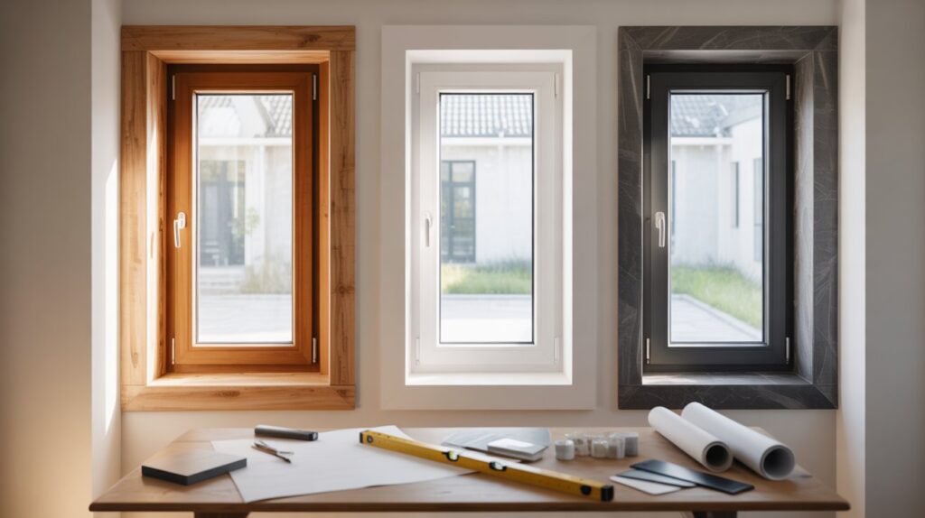 Three differently framed windows are showcased: wood, white, and dark gray. A table below holds blueprints, a level, and stationery. Bright and modern tone.