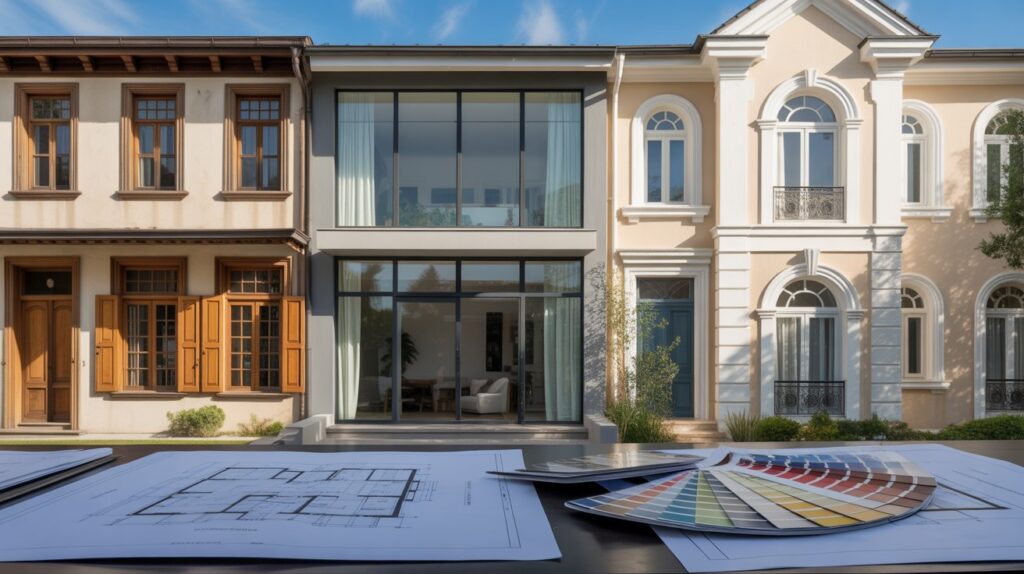 Architectural plans and color swatches rest on a table in front of a modern townhouse facade. The scene conveys creativity and design planning.