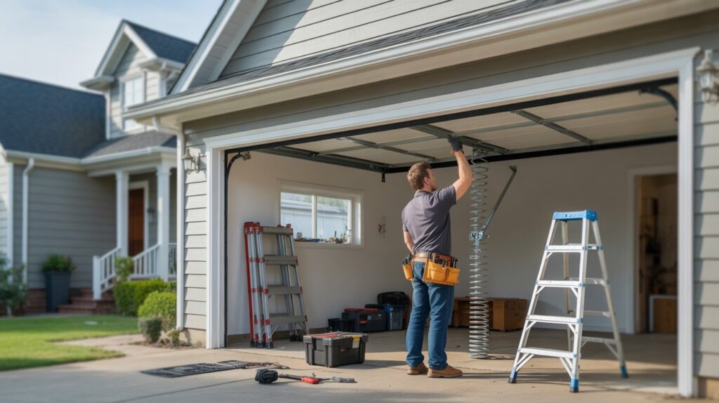 A person in a tool belt works on a garage door with tools and ladders nearby. The scene is set outside a suburban home on a clear day.