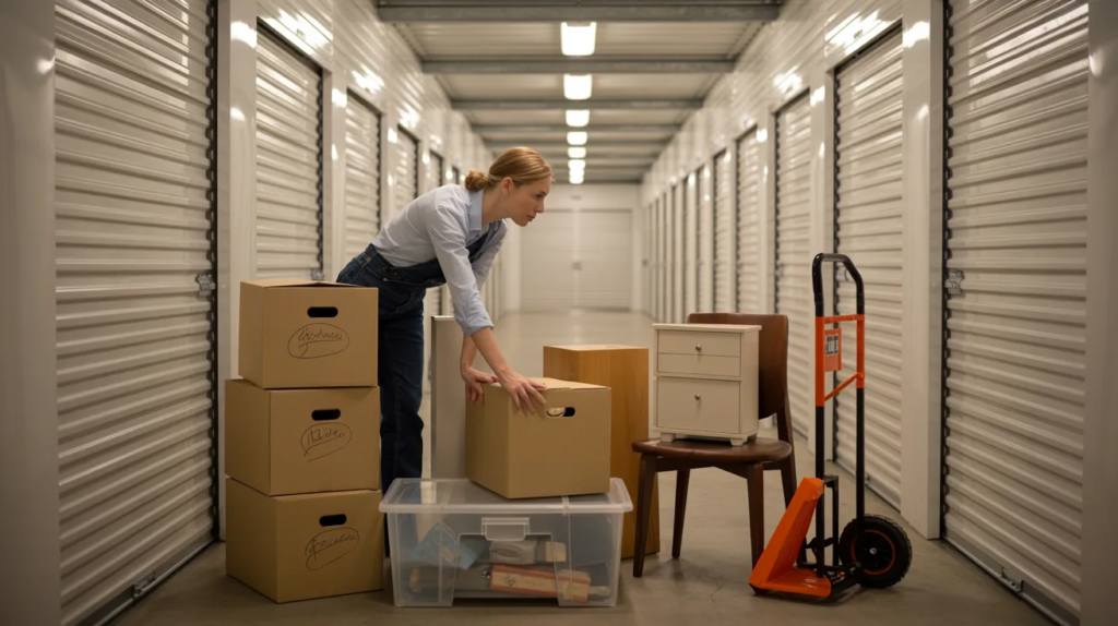 A woman organizes stacked cardboard boxes in a brightly lit storage unit hallway, surrounded by a chair and small cabinet. The scene conveys focus and organization.