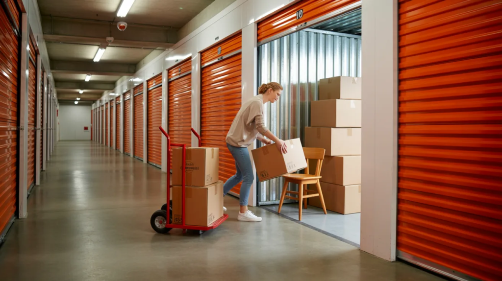 A person in casual clothing places a box inside a storage unit. They are using a red hand truck. The corridor features orange roller doors.