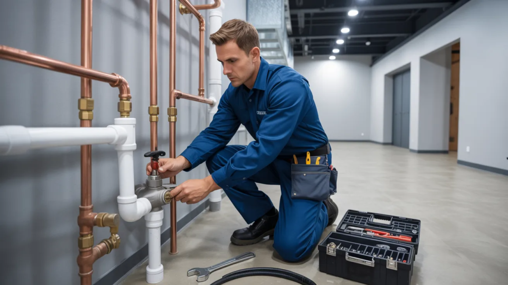 A plumber in blue uniform tightens a valve on copper and PVC pipes indoors. He is focused, with tools around him and a tool case nearby on the floor.