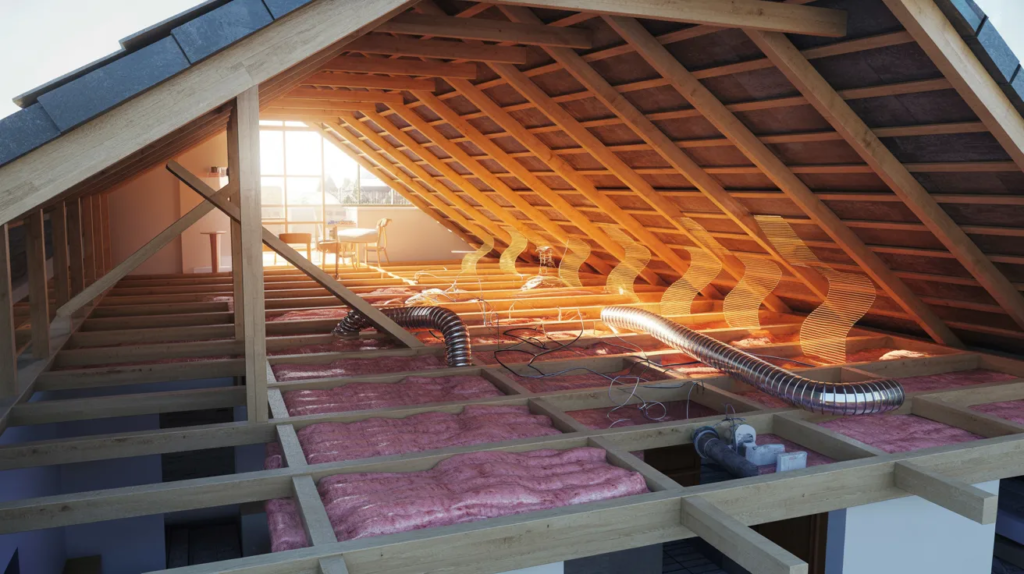 Cutaway view of an attic showing wooden beams, pink insulation, and reflective ductwork. Sunlight illuminates a furnished room in the background.