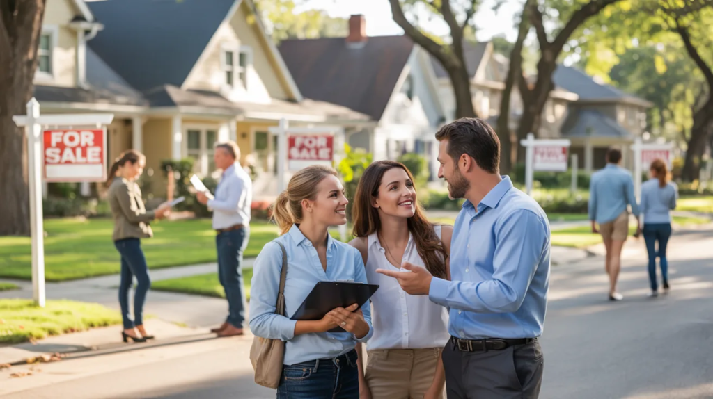 A realtor shows a young couple homes for sale on a sunny suburban street. Other families and "For Sale" signs are visible, creating an optimistic mood.