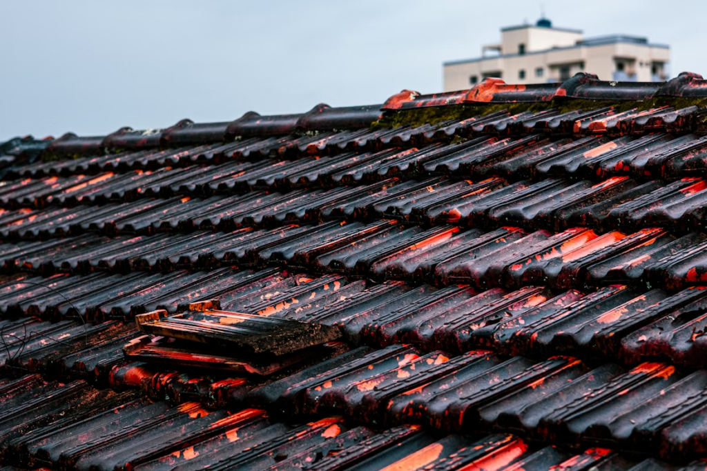 Close-up of a weathered tiled roof with black and red tiles, some paint peeling. A blurred building is visible in the background under a cloudy sky.