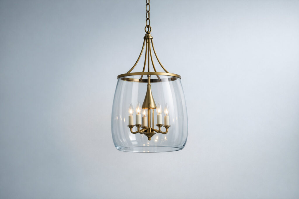 A stylish glass and brass hanging light fixture, showcasing elegant design and warm illumination.
