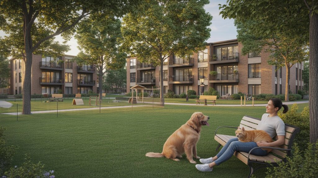 A woman and her dog sit together on a bench in front of a building, enjoying a moment of relaxation.