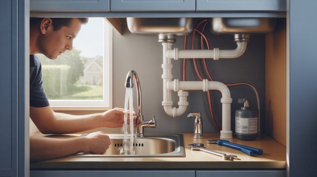 A man repairs a sink in a modern kitchen, surrounded by tools and plumbing supplies.