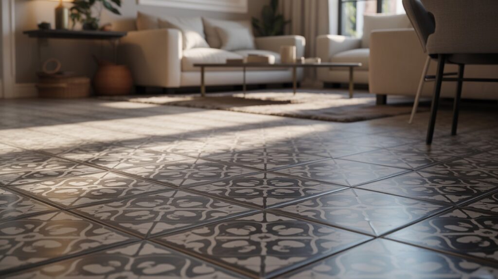 A spacious living room featuring a large, polished tile floor that enhances the room's modern aesthetic.