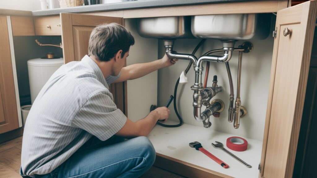 A man repairs a sink in a modern kitchen, focused on fixing plumbing issues with tools nearby.