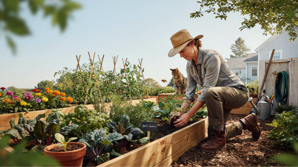 A woman wearing a hat kneels in a garden, tending to plants with care and focus.